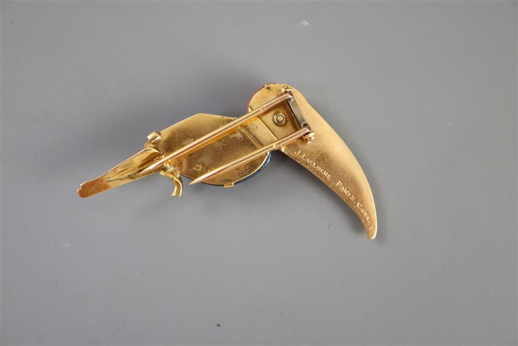 A mid 20th century French 18ct gold, coral and cabochon blue chalcedony? set Toucan clip brooch by J. Lacloche, Paris/Cannes,